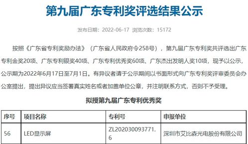 第九届广东专利奖评选公布 艾比森荣获优秀奖